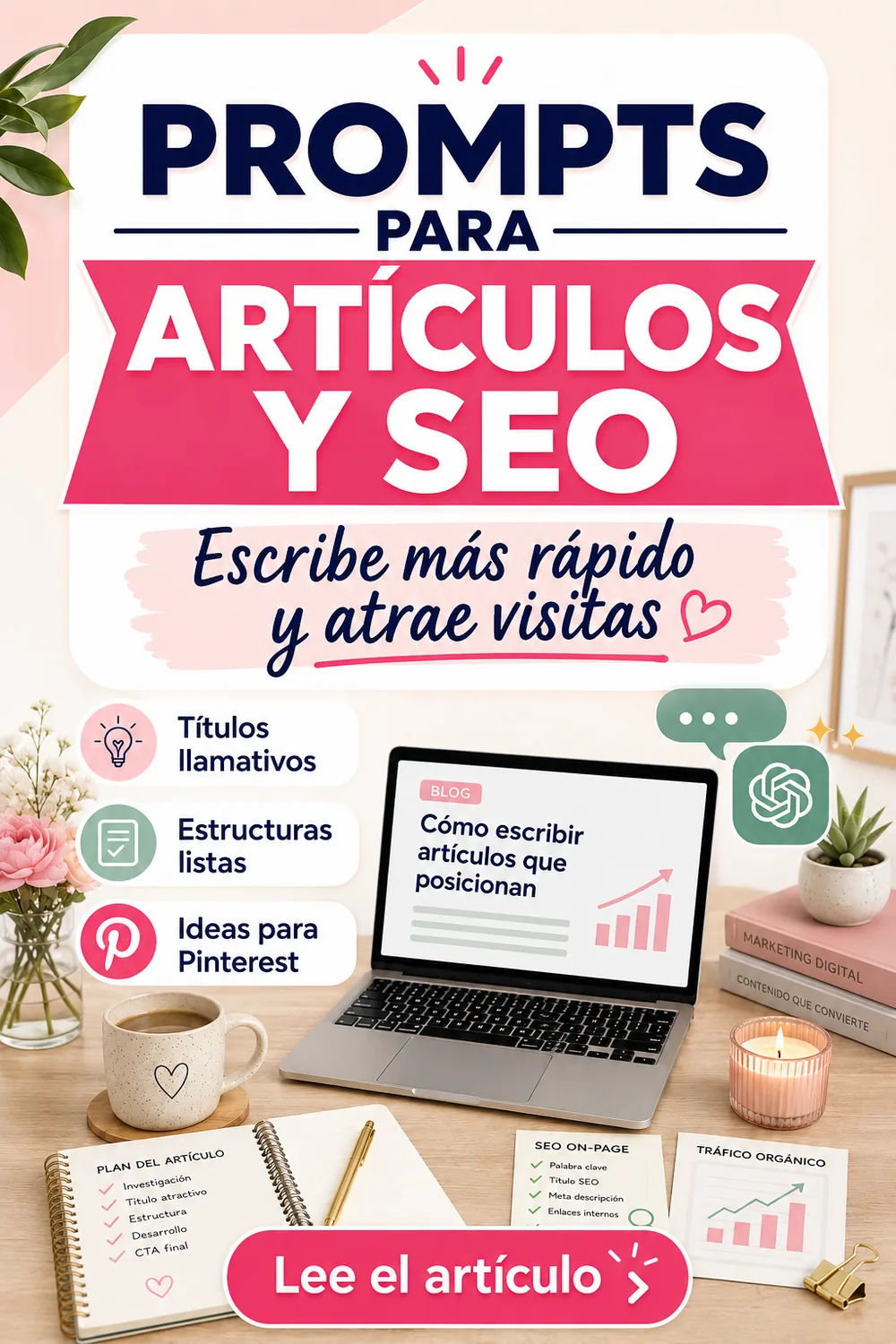 Pin vertical sobre prompts de ChatGPT para artículos y SEO